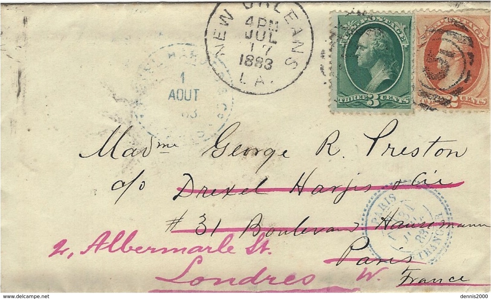 1883- Cover From New Orleans Fr.  3 + 2 Cents To Paris And London - Storia Postale