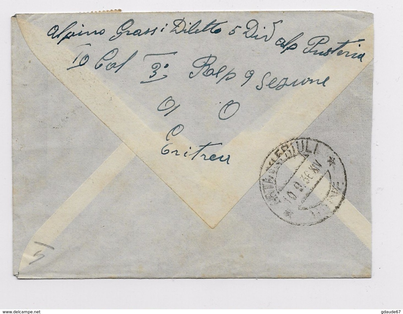 ERITREA - 1936 - ENVELOPPE Avec CACHET POSTA MILITARE *N. 210* Pour UDINE - Erythrée