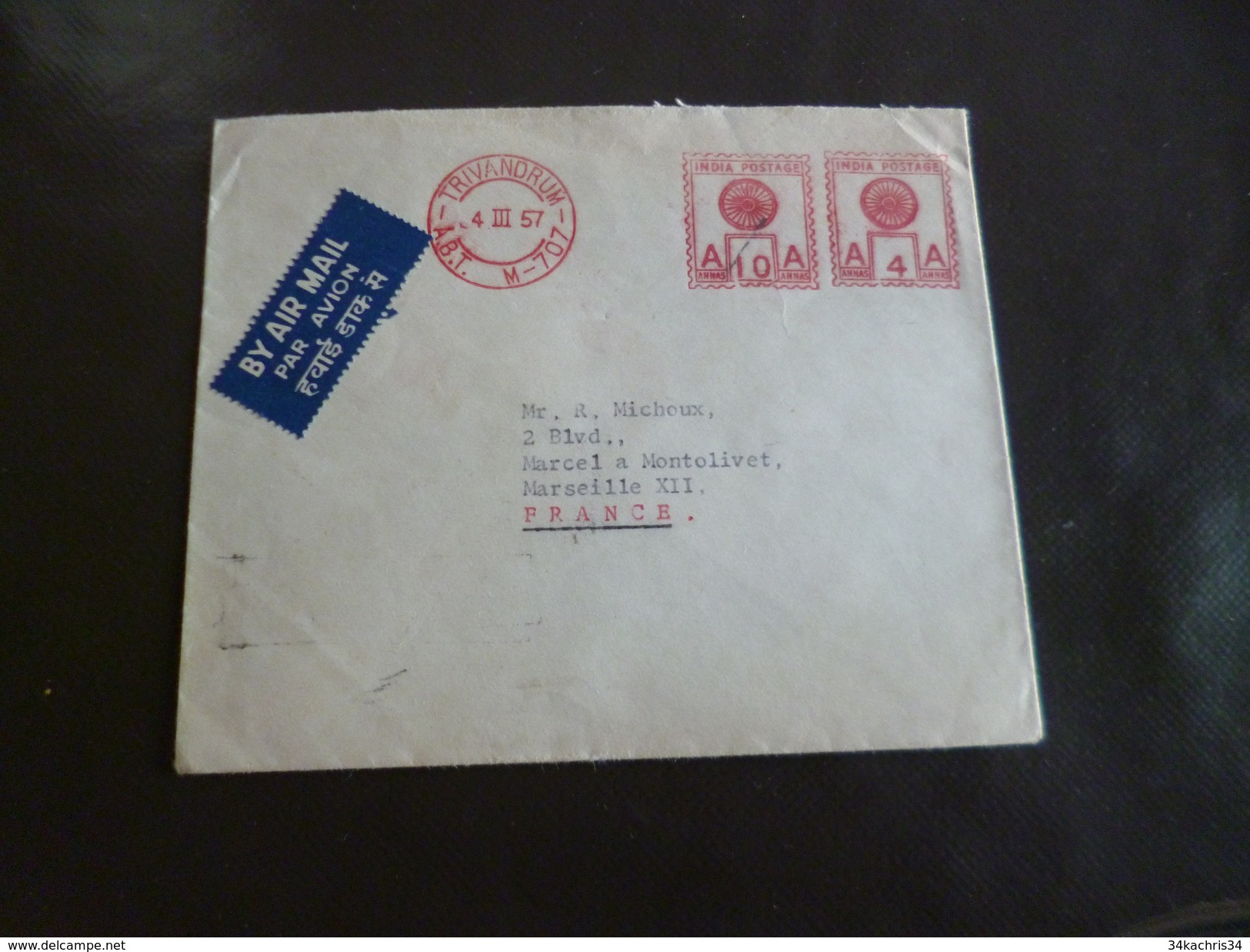 Lettre Inde India  EMA Rouge Par Avion Via Air Mail 4/03/1957 Trivandrum Pour Marseille - Storia Postale