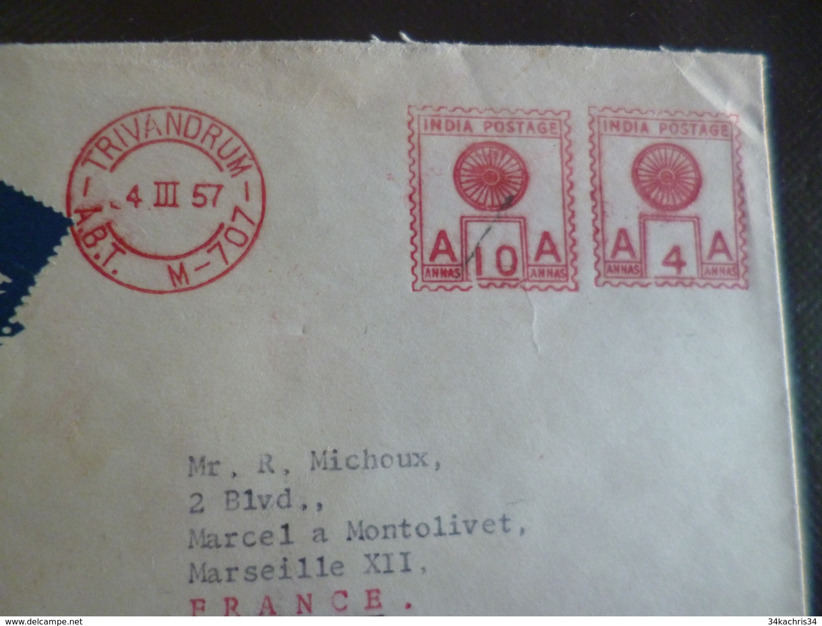 Lettre Inde India  EMA Rouge Par Avion Via Air Mail 4/03/1957 Trivandrum Pour Marseille - Covers & Documents