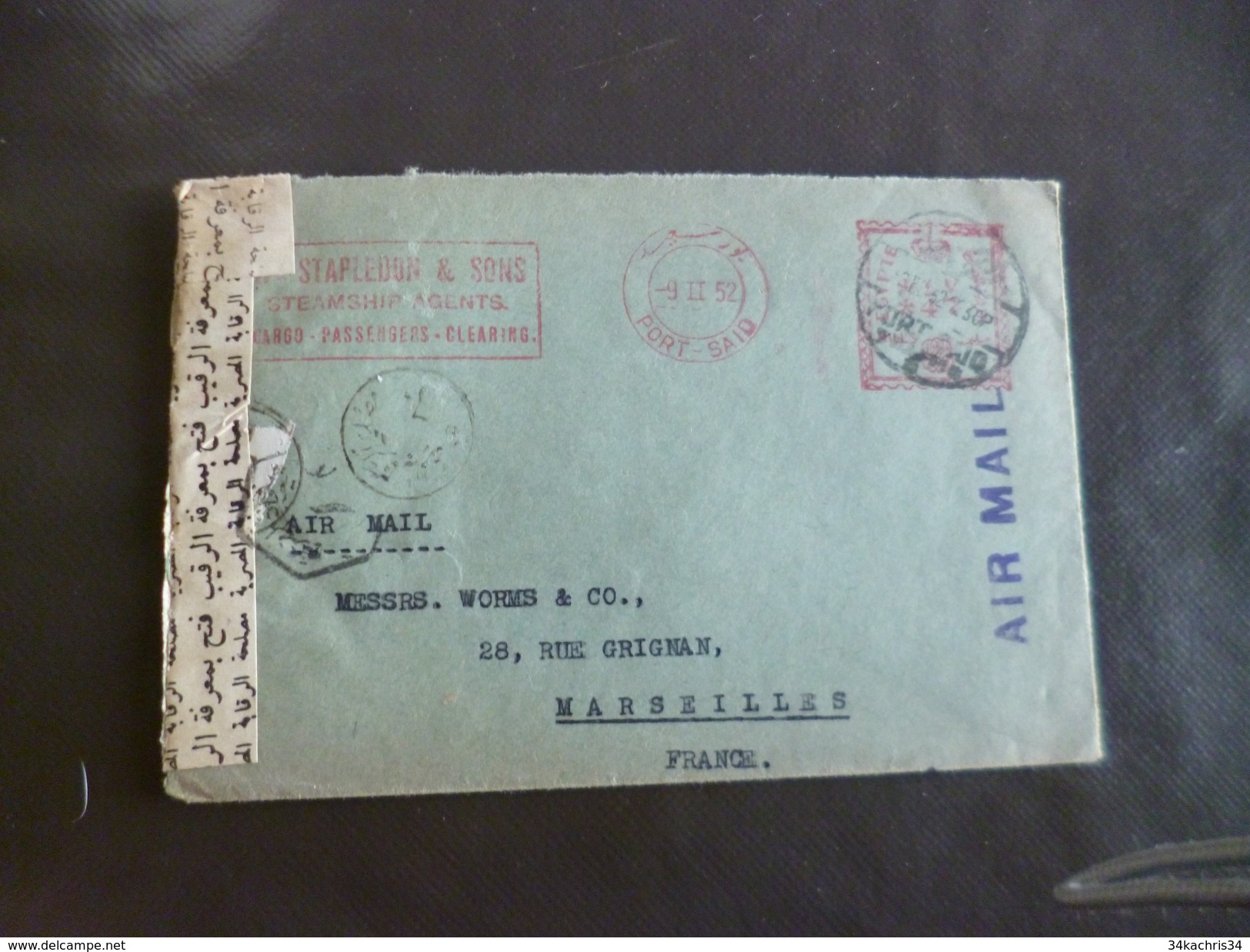 Lettre Egypte Port Saïd Censure En Arabe   EMA Rouge Pub Stapledon 9/02/1952 Pour Marseille Rare!!!!!!!!!! - Storia Postale