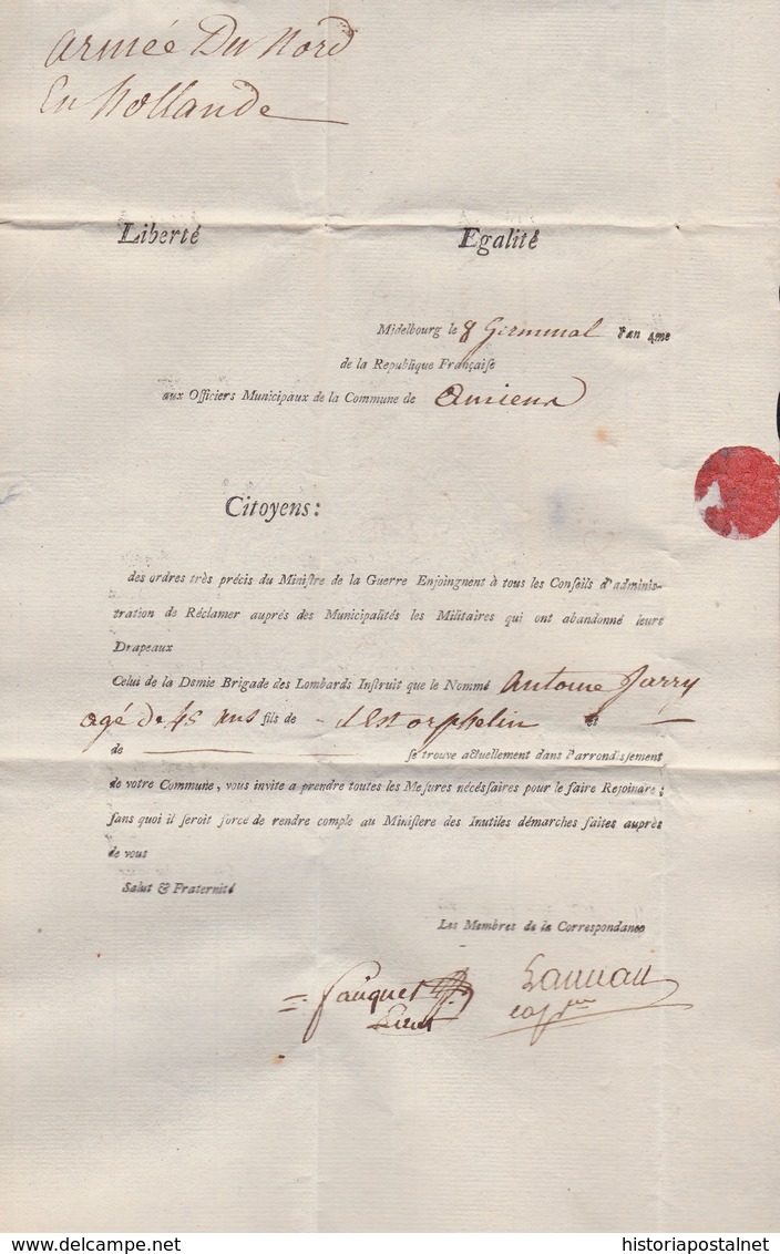 HOLANDA. MIDDELBURG A AMIENS. MARCA DON. C ARM. S DU NORD. - Army Postmarks (before 1900)