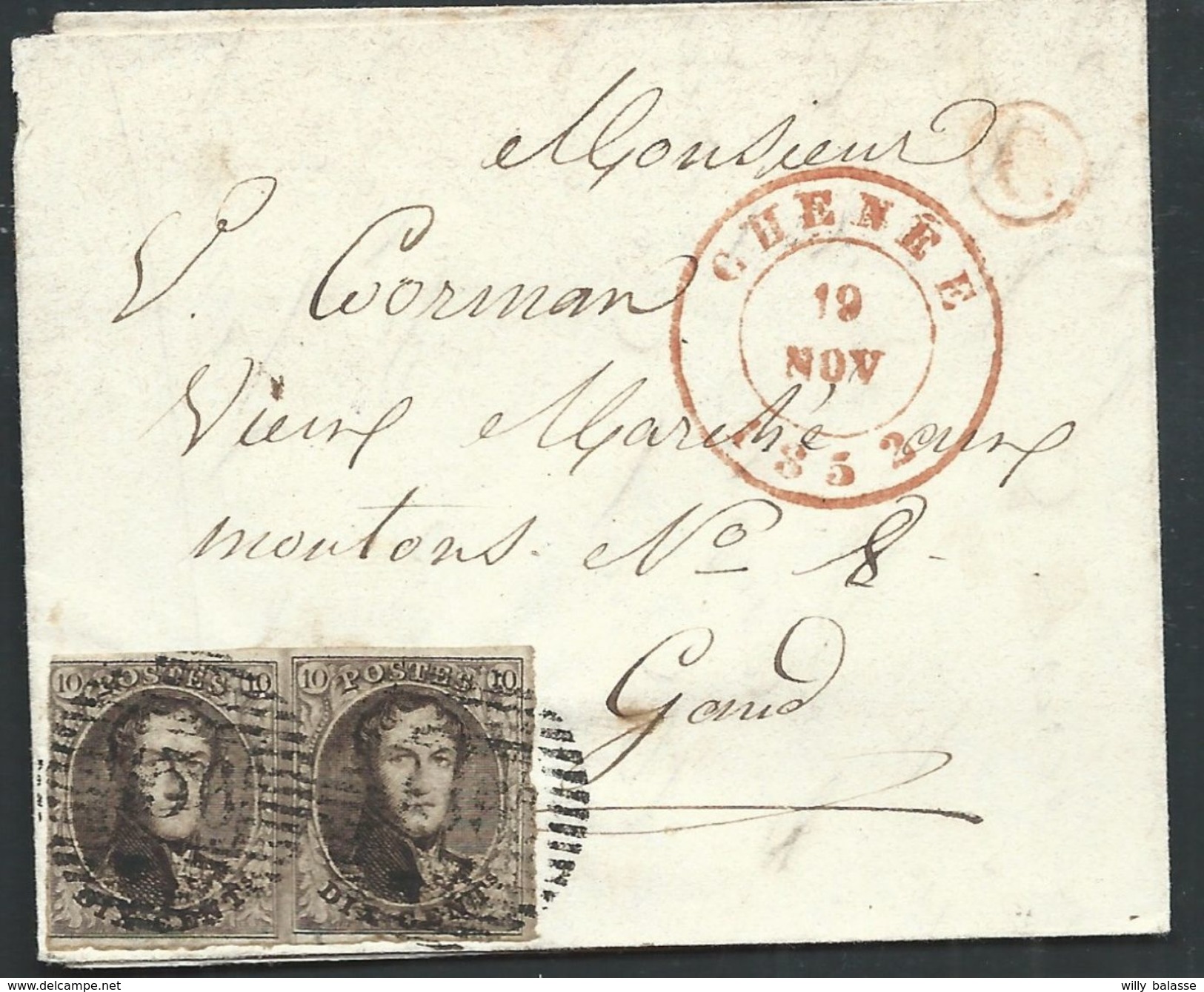 L St.  Affr 10c Brun Margé  P156 ECAUSSINES/1854  + Boîte Rurale H ?  Pour Mons - 1851-1857 Medaillons (6/8)