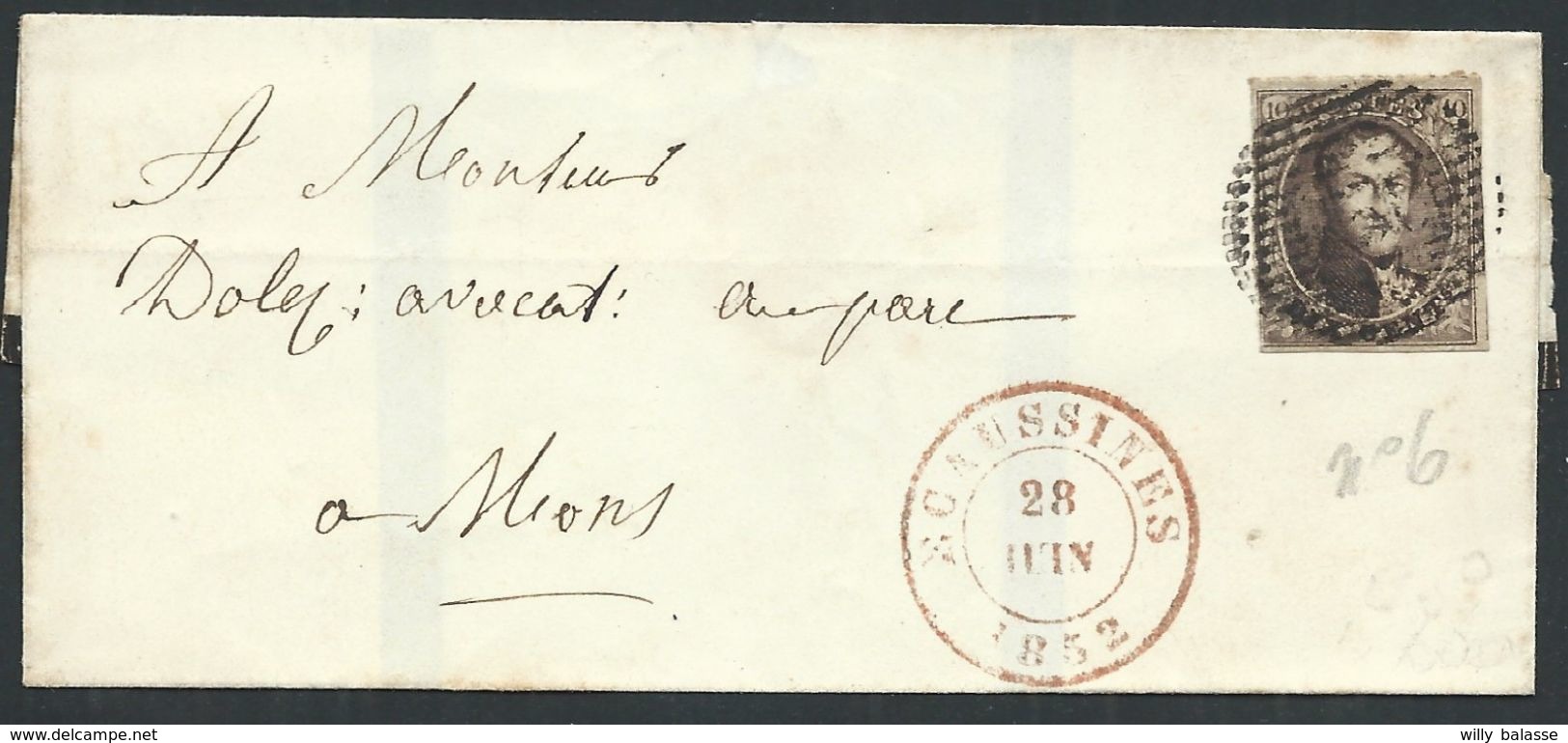 L Affr 10c Brun Margé  P158  ECAUSSINES/1852  Pour Mons - 1851-1857 Médaillons (6/8)