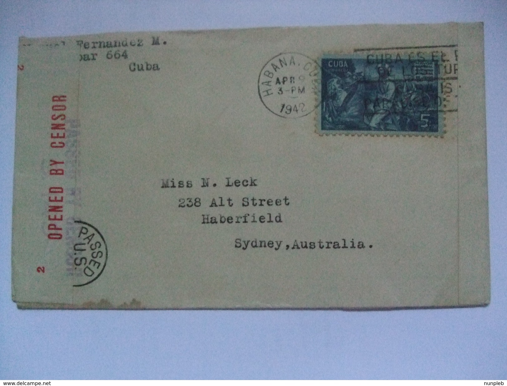 CUBA 1942 Censor Cover Habana To Sydney Australia With Opened, Examined And Passed Censor Marks - Covers & Documents