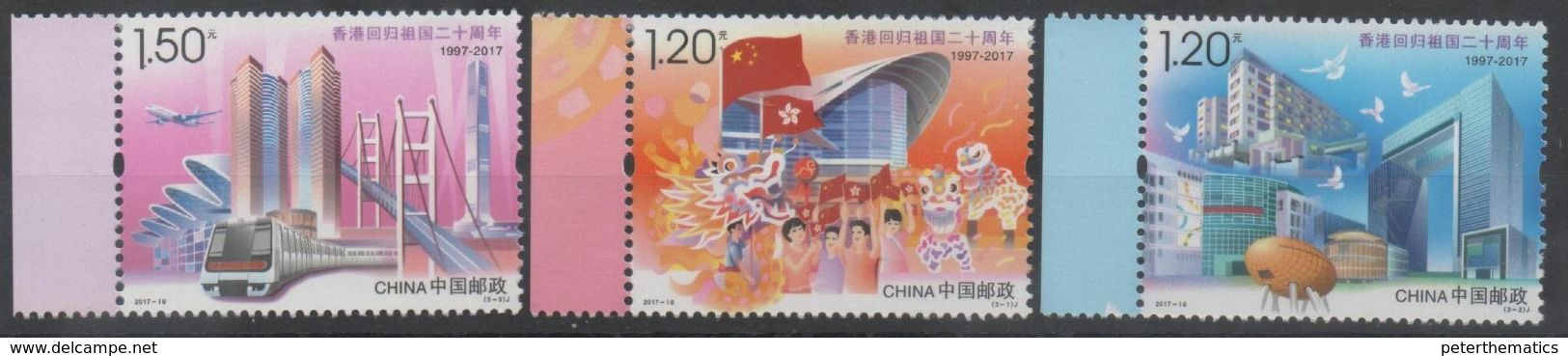 CHINA, 2017, MNH, JOINT ISSUE WITH HONG KONG, 20TH ANNIVERASREY OF RETURN TO CHINA,  PLANES, TRAINS, SHIPS, BRIDGES, 3v - Ships