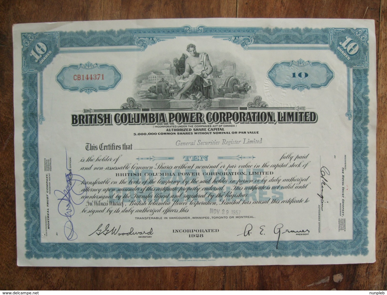 British Columbia Power Corporation Limited 1957 10 Shares - Electricité & Gaz