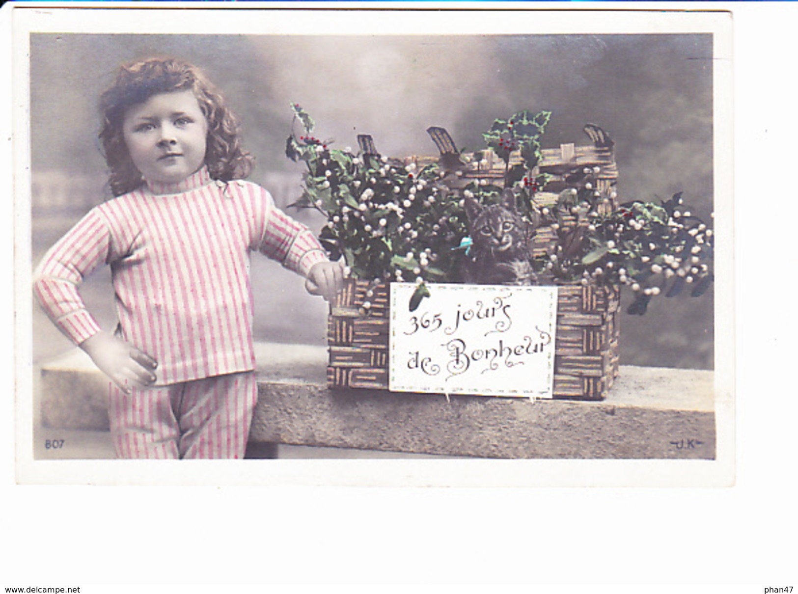 365 JOURS DE BONHEUR Petite Fille En Pyjama, Chaton, Corbeille De Gui, Ed.JK 1909 - Nouvel An