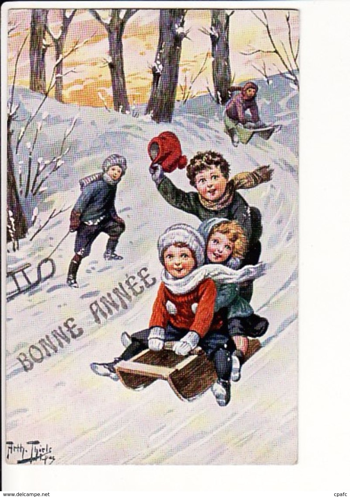 Bonne Année ,enfants Jouant à La Luge,neige, Illustrée Par Arthur Thiele / TSN N°1092 - Thiele, Arthur
