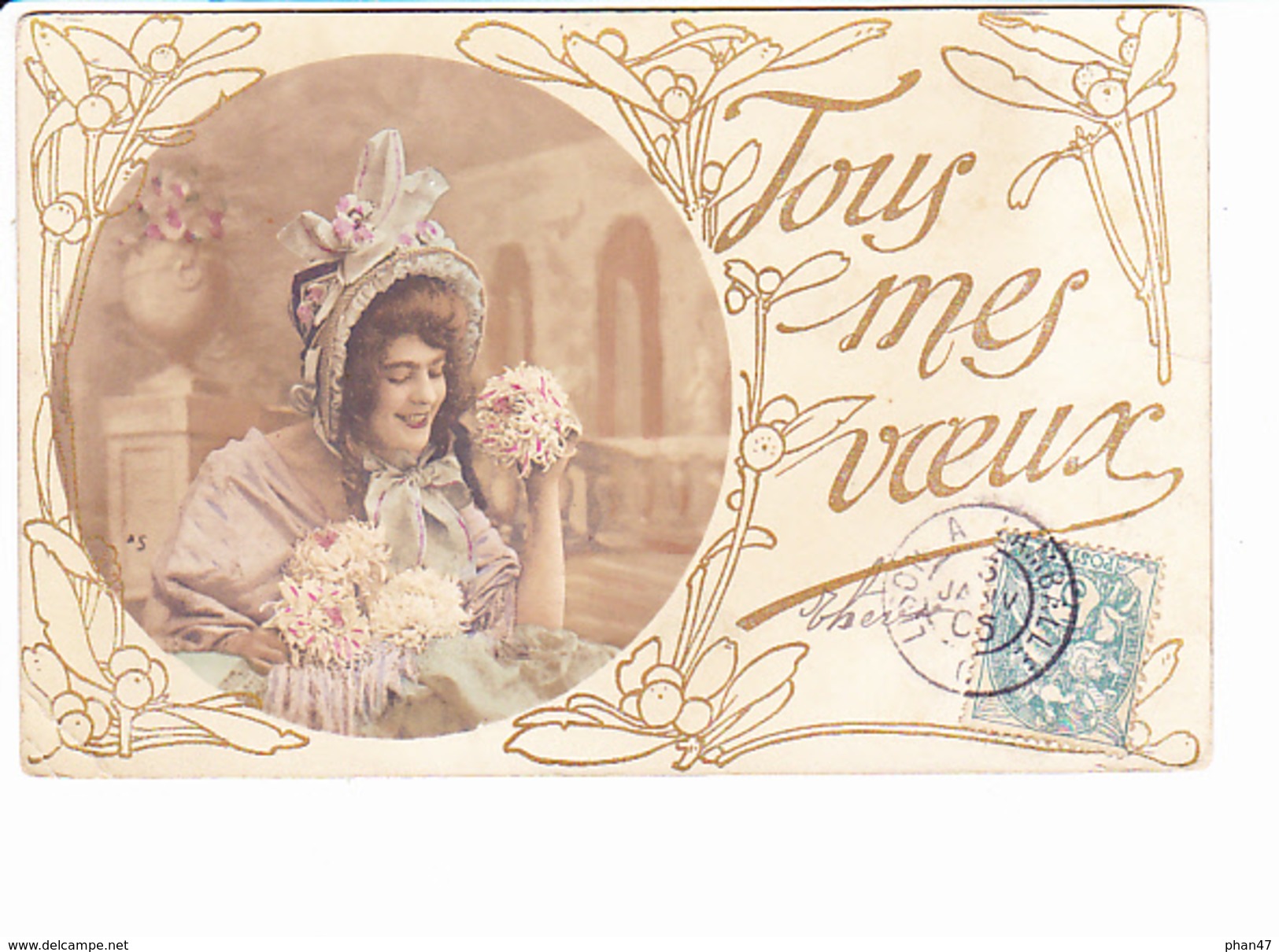 TOUS MES VOEUX, Jeune Femme Aux Bouquets, Ed. ? 1905 - Nouvel An