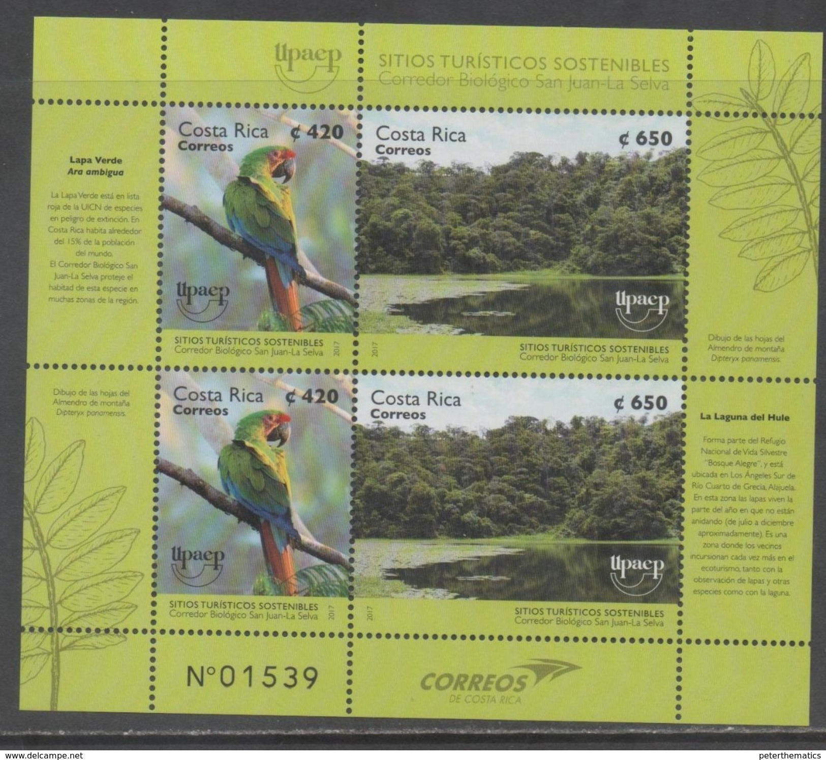 COSTA RICA, 2017, MNH, UPAEP, SUSTAINABLE TOURISM, BIRDS, PARROTS, SHEETLET - Parrots