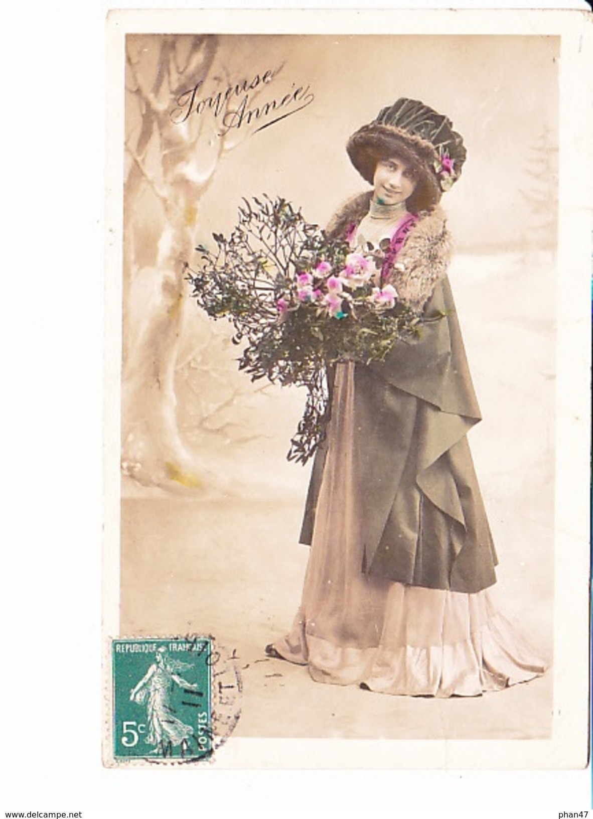 JOYEUSE ANNEE, Jeune Femme Au Bouquet De Gui Et De Roses, Ed. ? 1911 - Nouvel An