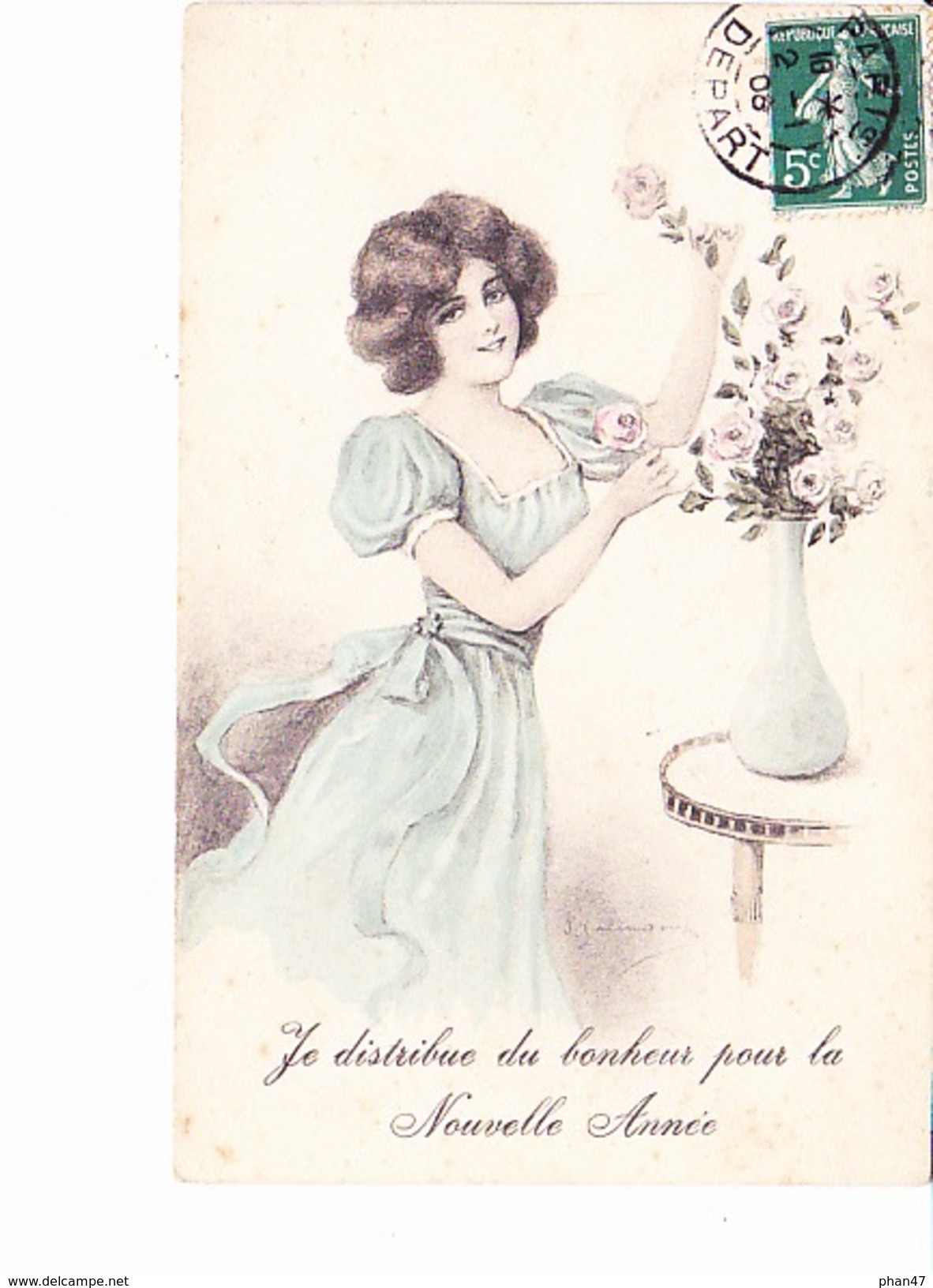 JE DISTRIBUE DU BONHEUR POUR LA NOUVELLE ANNEE, Jeune Femme Et Vase De Roses, Dessin Signé (illisible), Ed. G.E.1908 - Nouvel An