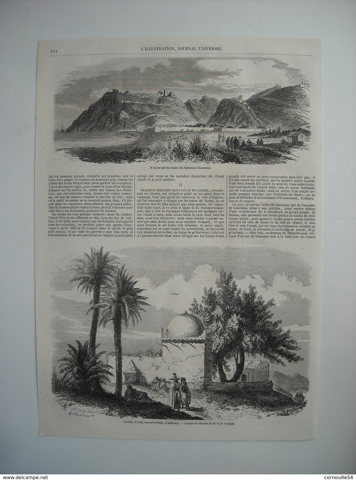 GRAVURE 1855. ALGERIE. NEMOURS ET LES RUINES DE DJEMMAA-GHAZAOUAT. KOUBBA DE SIDI-AHMED-EL-BEJAI, A NEDROMA. - Prints & Engravings