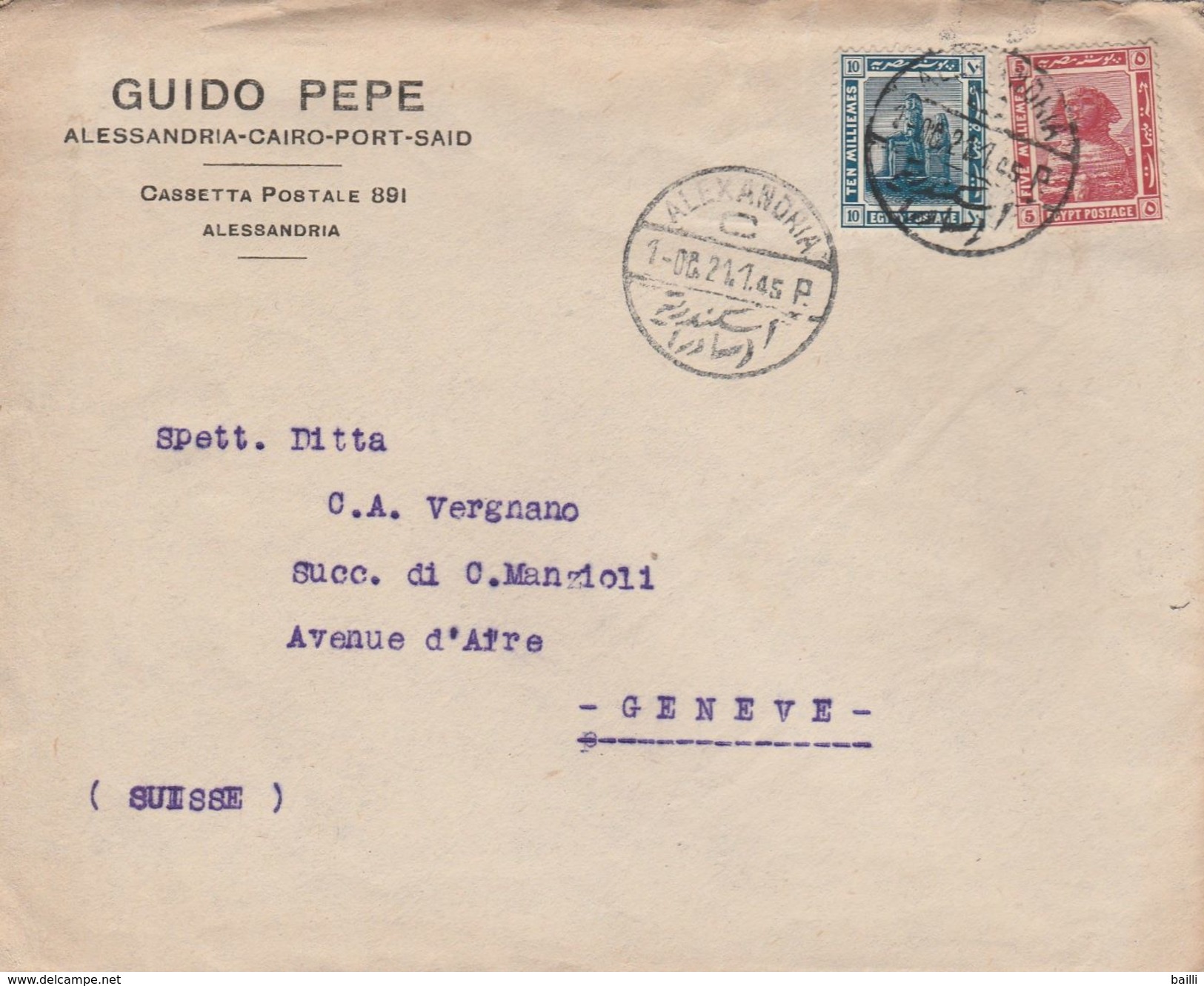 Egypte Lettre Alexandria Pour La Suisse 1921 - 1915-1921 British Protectorate