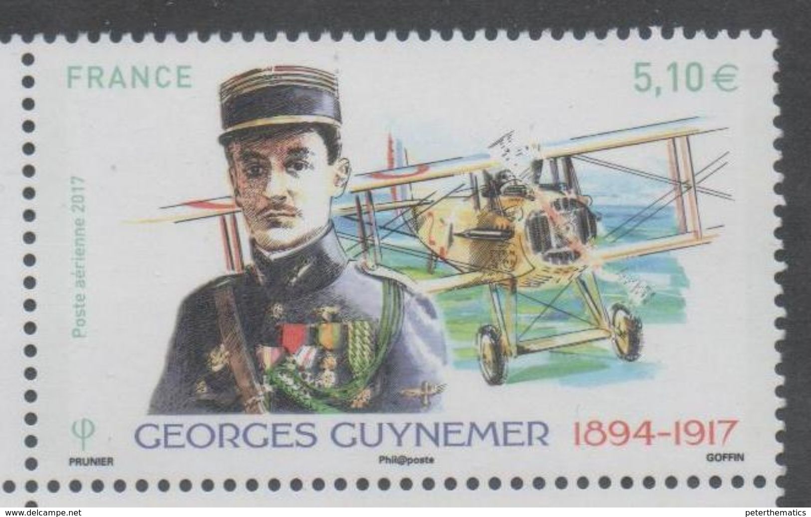 FRANCE, 2017, MNH, WWI, GEORGES GUYNEMER,  FIGHTER PILOTS, PLANES,  WAR HEROES, 1v - WW1