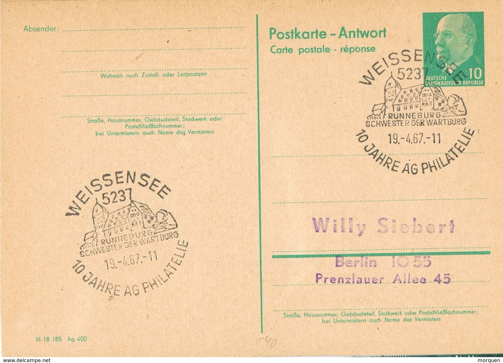 26402. Entero Postal WEISSENSEE (Alemania DDR) 1967. Runneburg. 10 Jahre Philatelie - Postkarten - Gebraucht