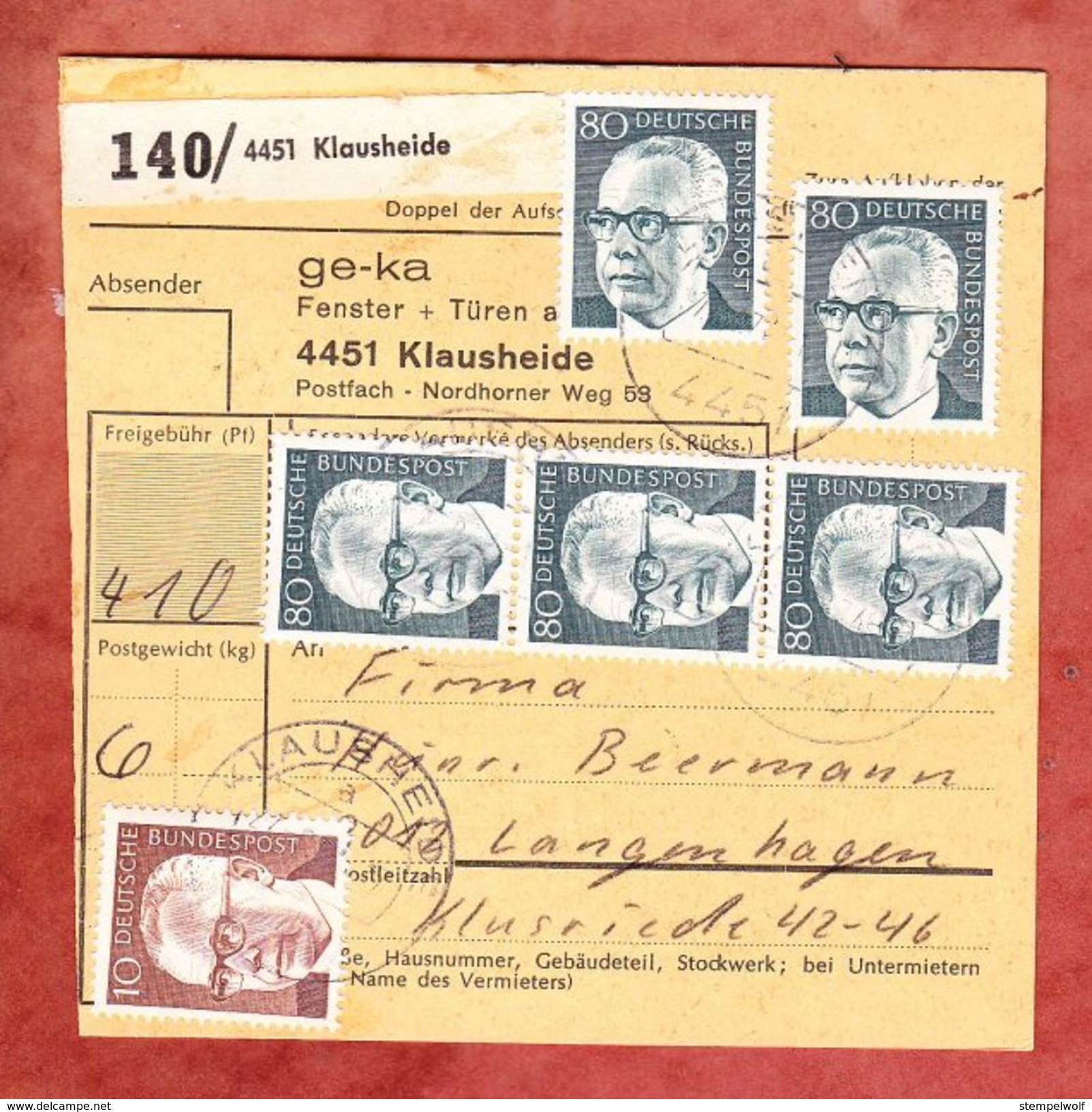 Paketkartenteil, MiF Heinemann, Klausheide Nach Langenhagen 1974 (43394) - Briefe U. Dokumente