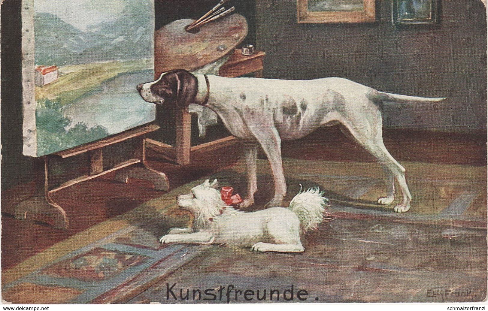 Künstlerkarte AK Stilleben Stillleben Kunstfreunde Hunde Vor Gemälde Kunst Malerei Elly Frank - Frank, Elly