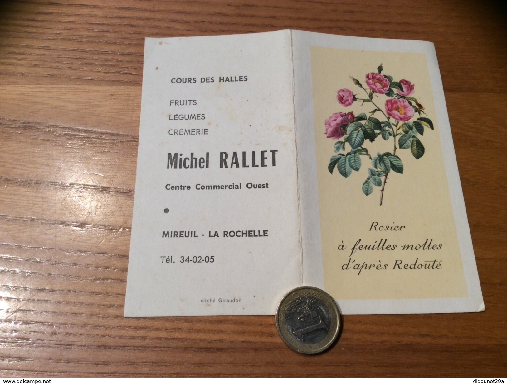 Calendrier 1970 « Michel RALLET MIREUIL LA ROCHELLE (17) / Rosier à Feuilles Molles D’après Redouté (fleur) » - Petit Format : 1961-70