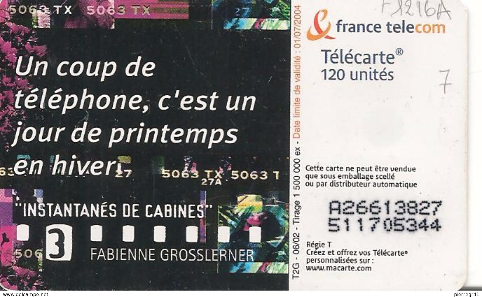 CARTE^PUBLIC-120U-F1216 A-SO3-06/02-INSTANTANES DE CABINES 3--UTILISE-TBE- - 2002