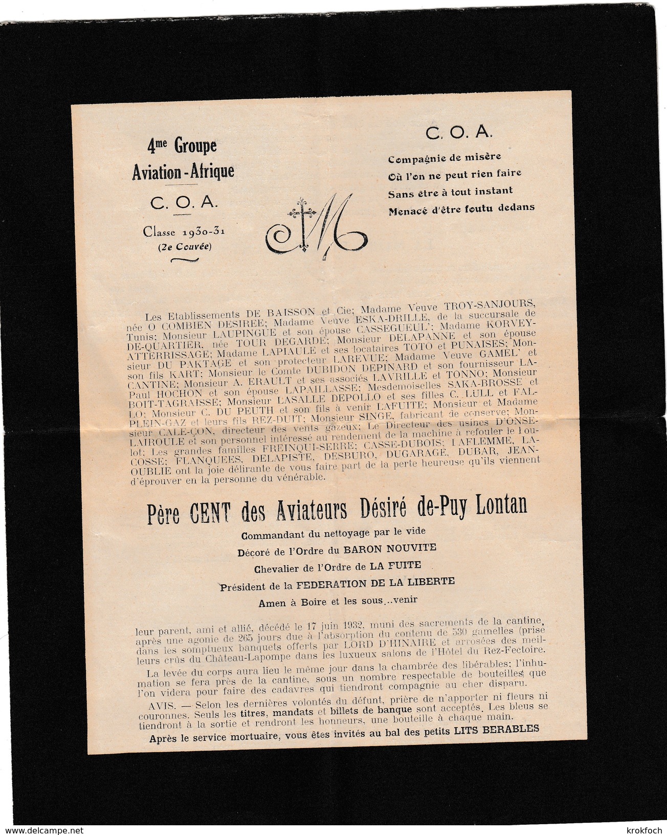 Armée De L'air En Tunisie 1932 - Faire-part Père Cent Avec Trente Noms Du Groupe Aviation-Afrique - 2 Scans - El-Aouina - Aviation