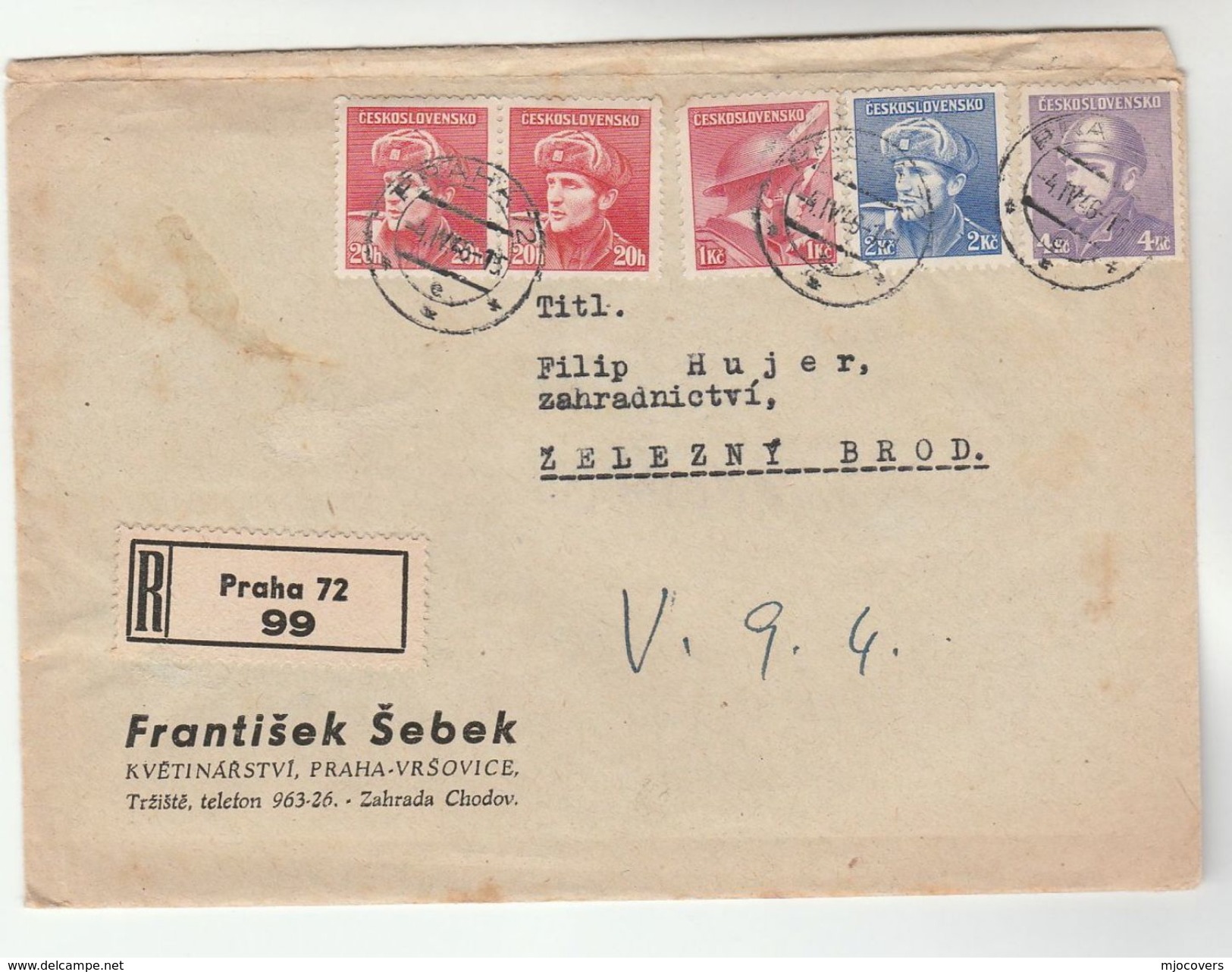 1946 REGISTERED Praha CZECHOSLOVAKIA COVER FRANTISEK SEBEK Co To Zelezny Brod Stamps 4k 2k 1k 2x 20h Stamps - Covers & Documents