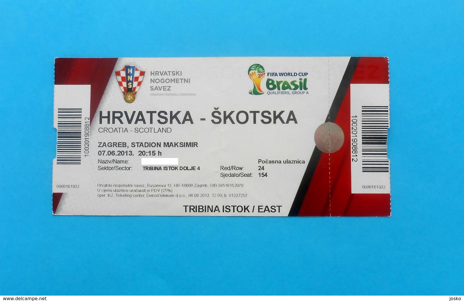 CROATIA V SCOTLAND - 2014 FIFA WORLD CUP Qual. Football Match Ticket MINT Soccer Foot Croatie Kroatien - Tickets - Vouchers