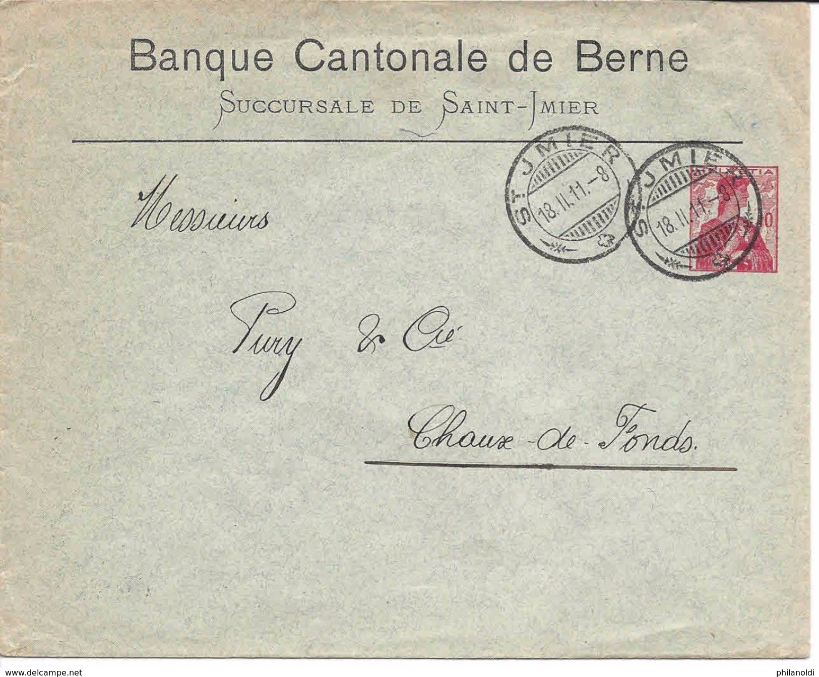 BANQUE CANTONALE DE BERNE SAINT-IMIER, Lettre Entier Postal 1911, TYPE HELVETIA 10 Centimes, Suisse, Ganzsache - Interi Postali