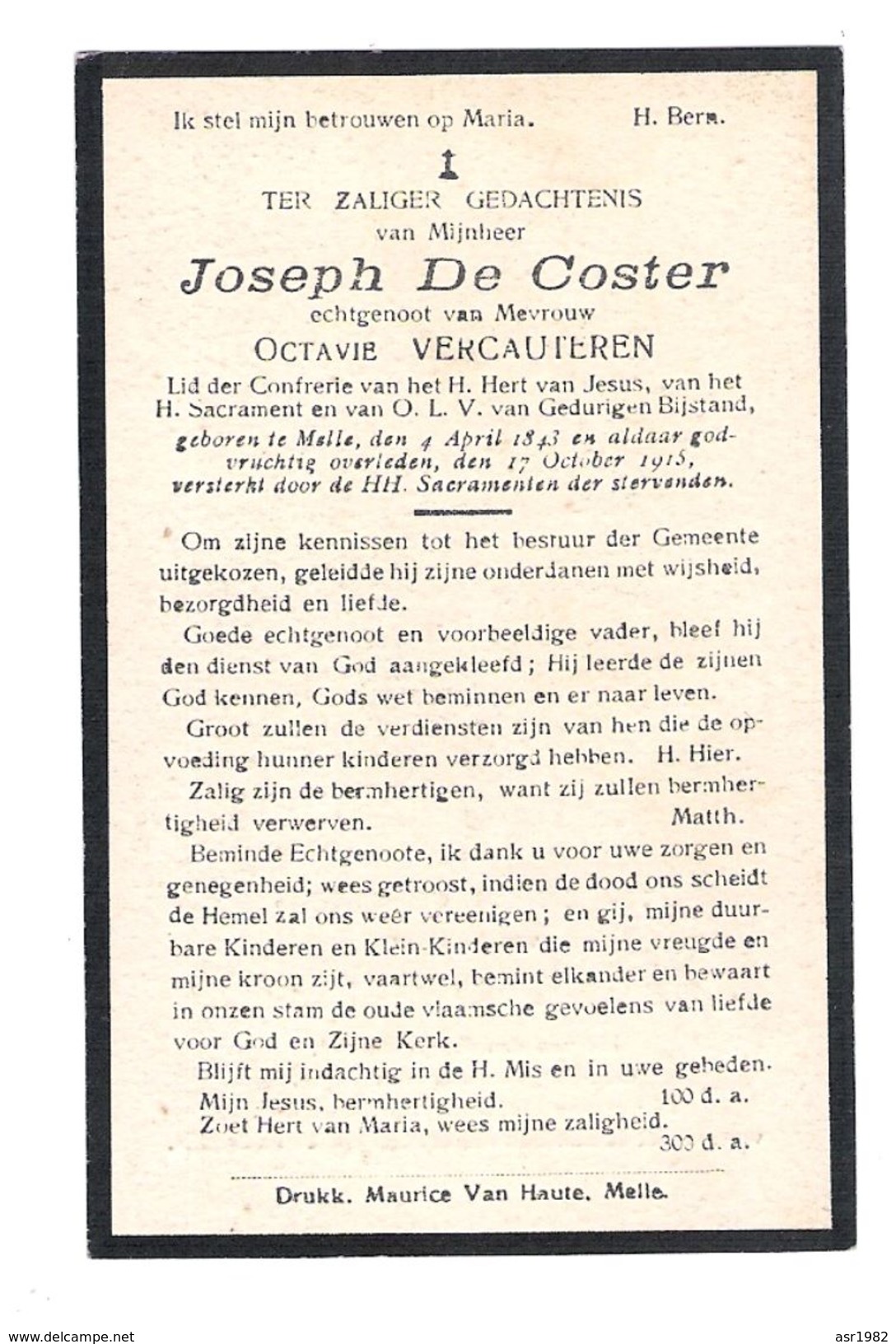 Doodsprentje  Burgemeester Melle : Joseph De Coster . - Religion & Esotérisme