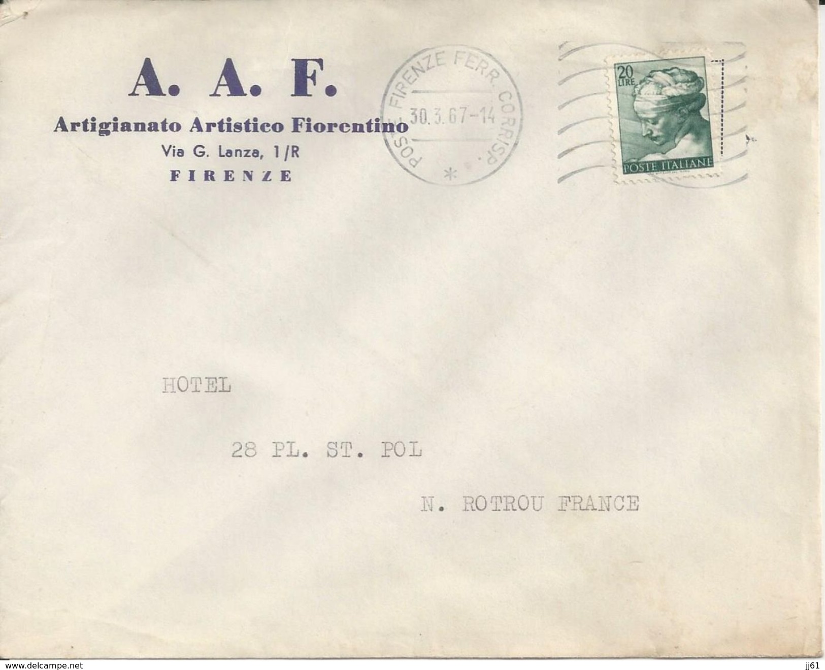 FIRENZE ITALIE A A F ARTIGIANATO ARTISTICO FIORENTI ENVELOPPE ENTETE ANNEE 1967 ENVOYE A  NOGENT LE ROTROU - Verenigde Staten