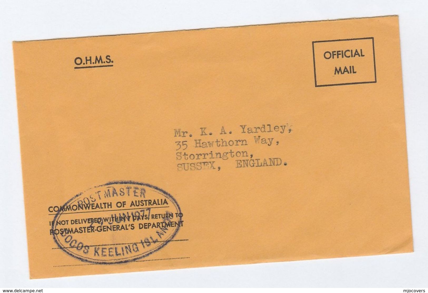 1977 OHMS Official Mail POSTAL STATIONERY COVER Australia Postmaster General Dept POSTMASTER COCOS KEELING ISLANDS Stamp - Cocos (Keeling) Islands