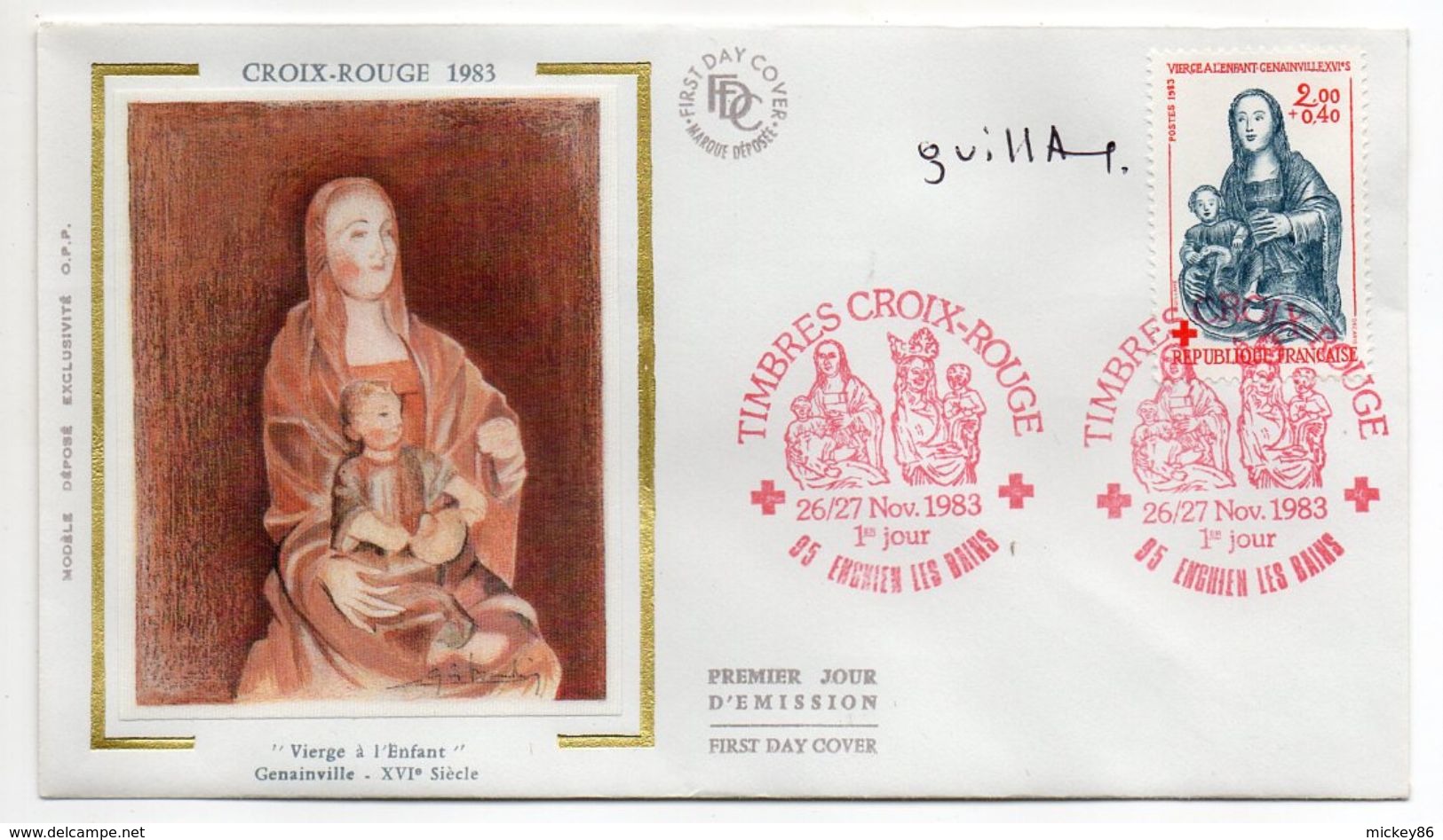 1983--FDC Soie -Croix-Rouge--Vierge à L'enfant- Genainville 16° S --- Cachet Rouge--ENGHIEN LES BAINS-95 - 1980-1989