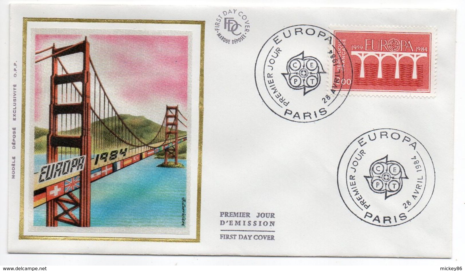 1984--FDC Soie -EUROPA  2,00f --Pont (drapeaux) - Cachet  PARIS -75 - 1980-1989