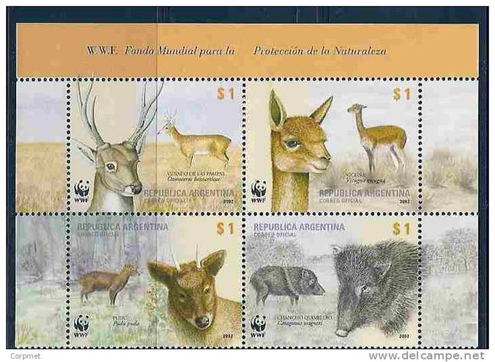 FAUNA - W.W.F.  Protected Animals - VENADO-VICUÑA-PUDÚ-CHANCHO - VF MNH **  2002 ARGENTINA SE-TENANT SHEET - Prehistorics