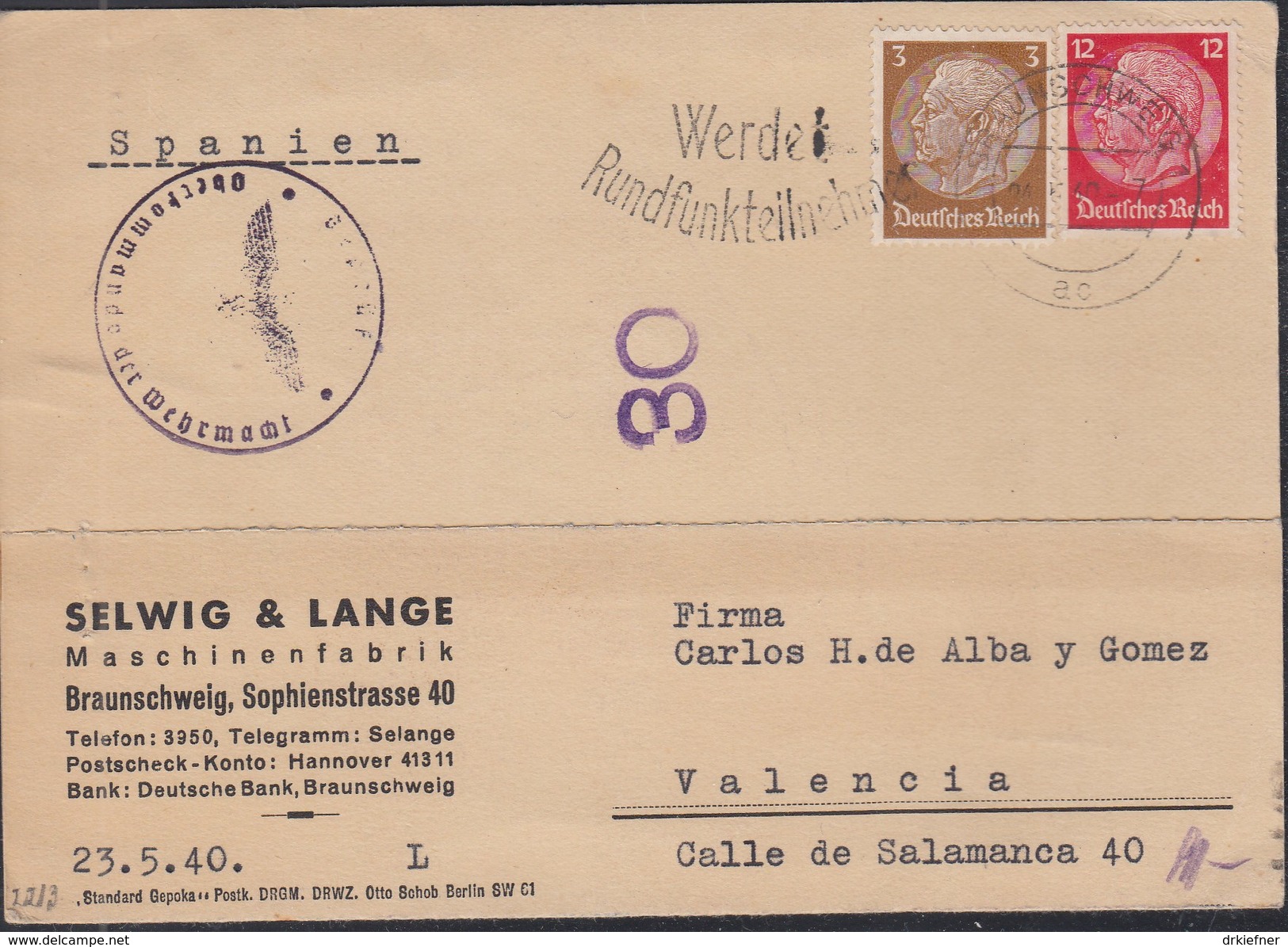 DR  MiNr 513, 519 MiF Auf Auslandspostkarte  Der Fa. Selwig & Lange Mit Stempel: Braunschweig 24.5.1940, ZENSUR - Briefe U. Dokumente
