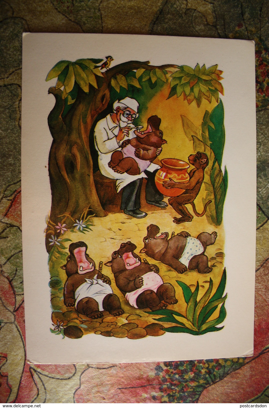 Old USSR Postcard. "Doctor Doolittle". Hippo. 1985 - Monkey - Hippopotamuses