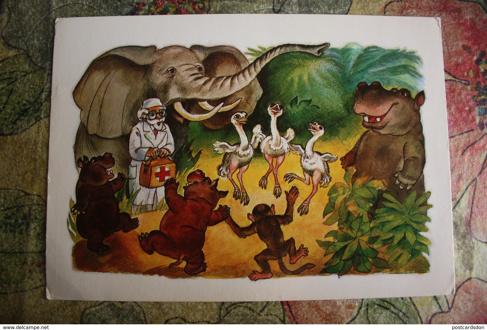 Old USSR Postcard. "Doctor Doolittle". Hippo - Monkey- Ostrich. 1985 - Hippopotamuses