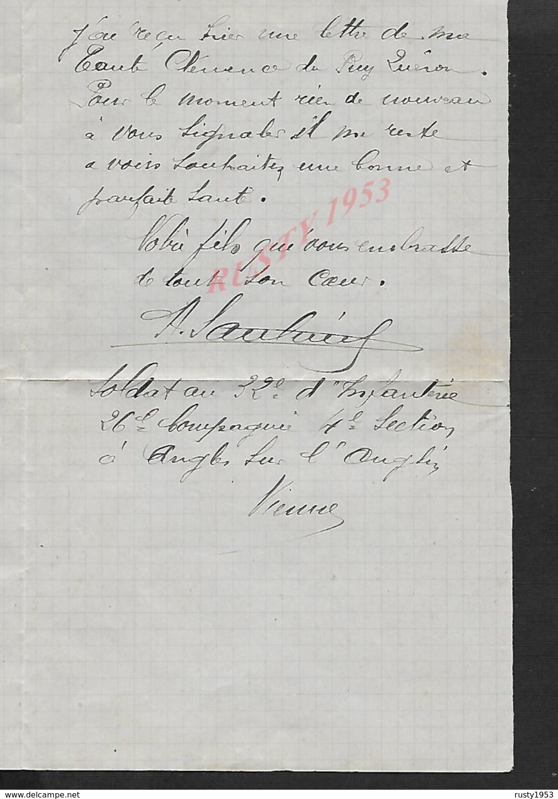 MILITARIA LETTRE MILITAIRE ECRITE DE 1915 DE ANGLES SUR L ANGLIN CACHET DU 32e Inf POUR Mr EUGENE SAULNIER À CAUNAY : - 1914-18