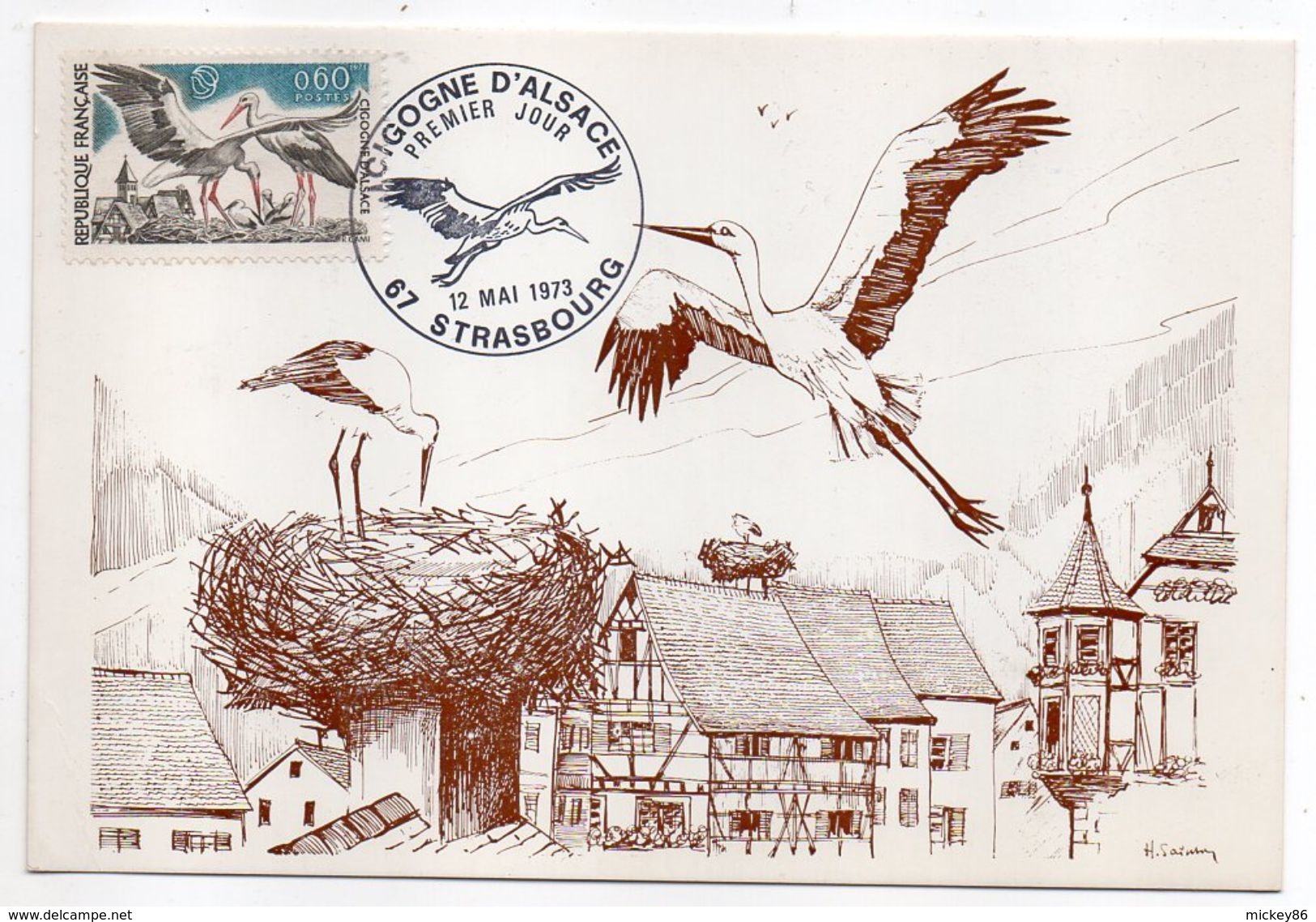 1973-Carte Maximum--Cigogne D'Alsace --  Signée H.Sainton --cachet STRASBOURG - 67 - 1970-1979