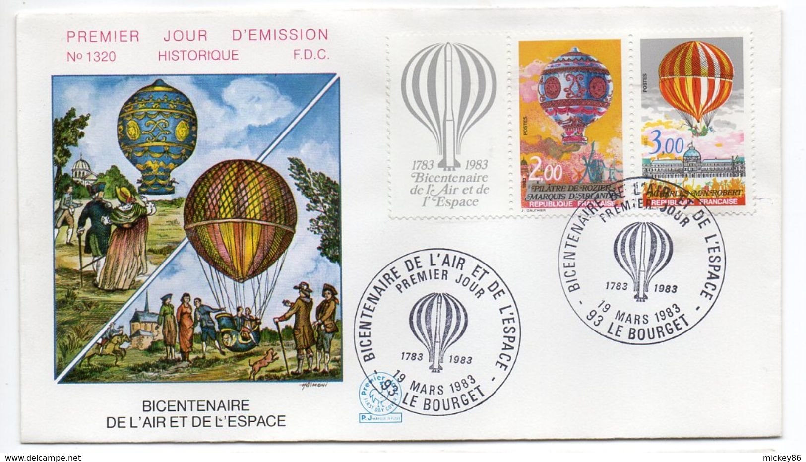 1983--FDC -Bicentenaire De L'air Et De L'espace (Ballon,Montgolfière) N°1320 --2 Cachets  LE BOURGET--93 - 1980-1989