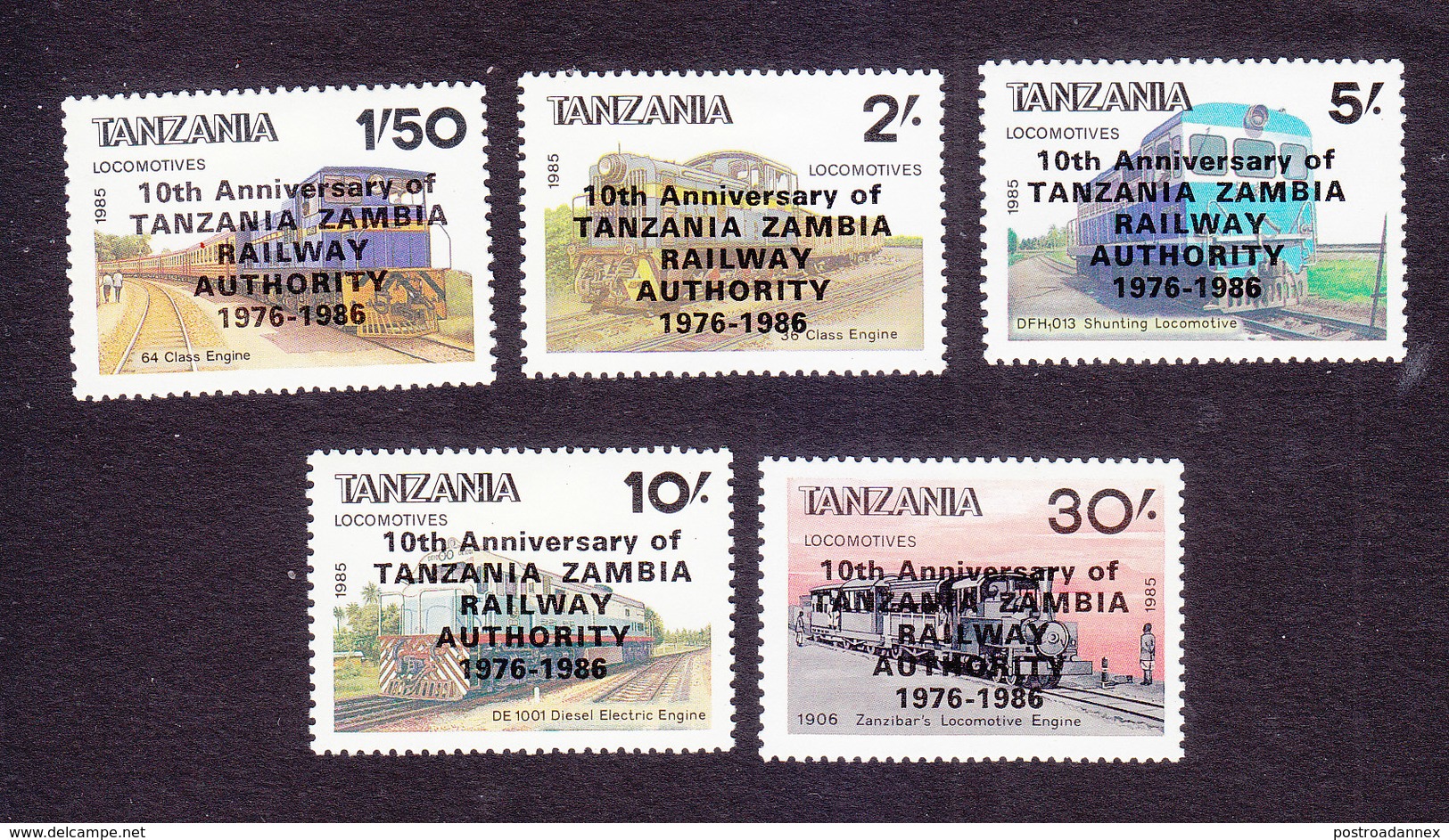 Tanzania, Scott #381A-381E, Mint Hinged, Train Overprinted, Issued 1987 - Tanzania (1964-...)