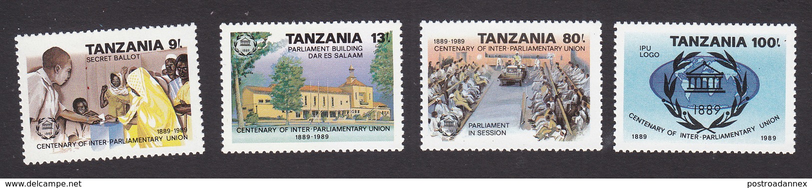 Tanzania, Scott #535-538, Mint Hinged, Inter-Parliamentary Union Cent, Issued 1989 - Tanzania (1964-...)