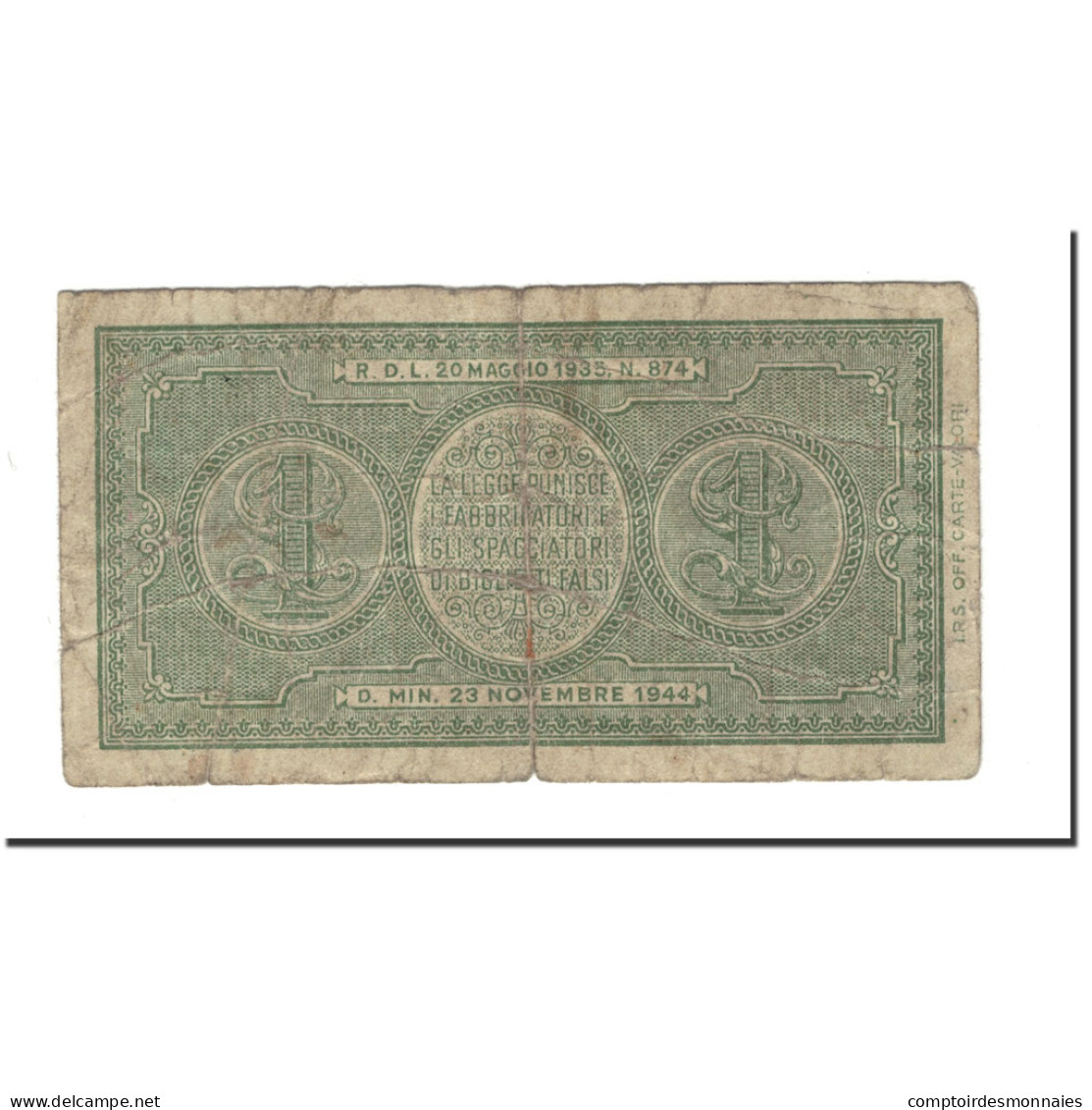 Billet, Italie, 1 Lira, 1944-11-23, KM:29b, AB - Regno D'Italia – 1 Lira