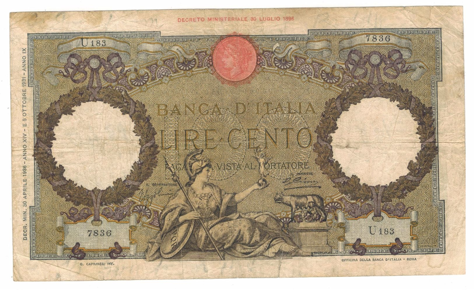 Italy 100 Lire, P-55a, Used. See Scan. - 100 Lire