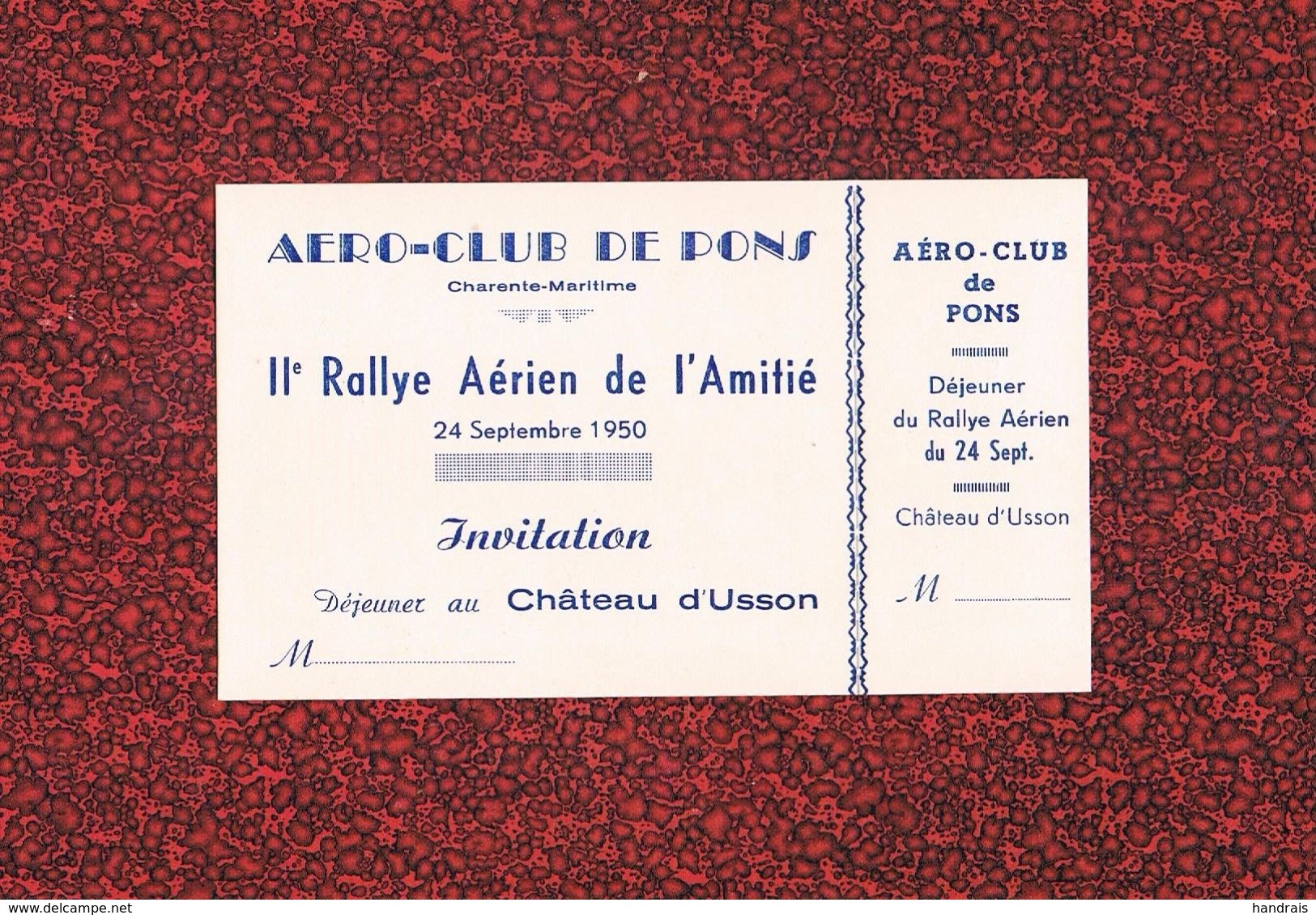 TICKET AERO - CLUB DE PONS RALLYE AERIEN DE L' AMITIE 1950 - Pons
