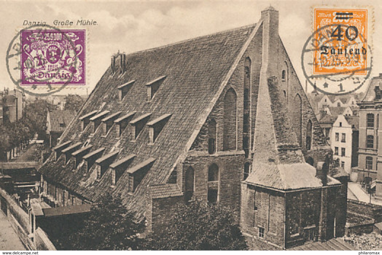 DP00386 - DANZIG - GROSSE MÜHLE MIT BRIEFMARKE UND STEMPEL BILDSEITIG - Danzig