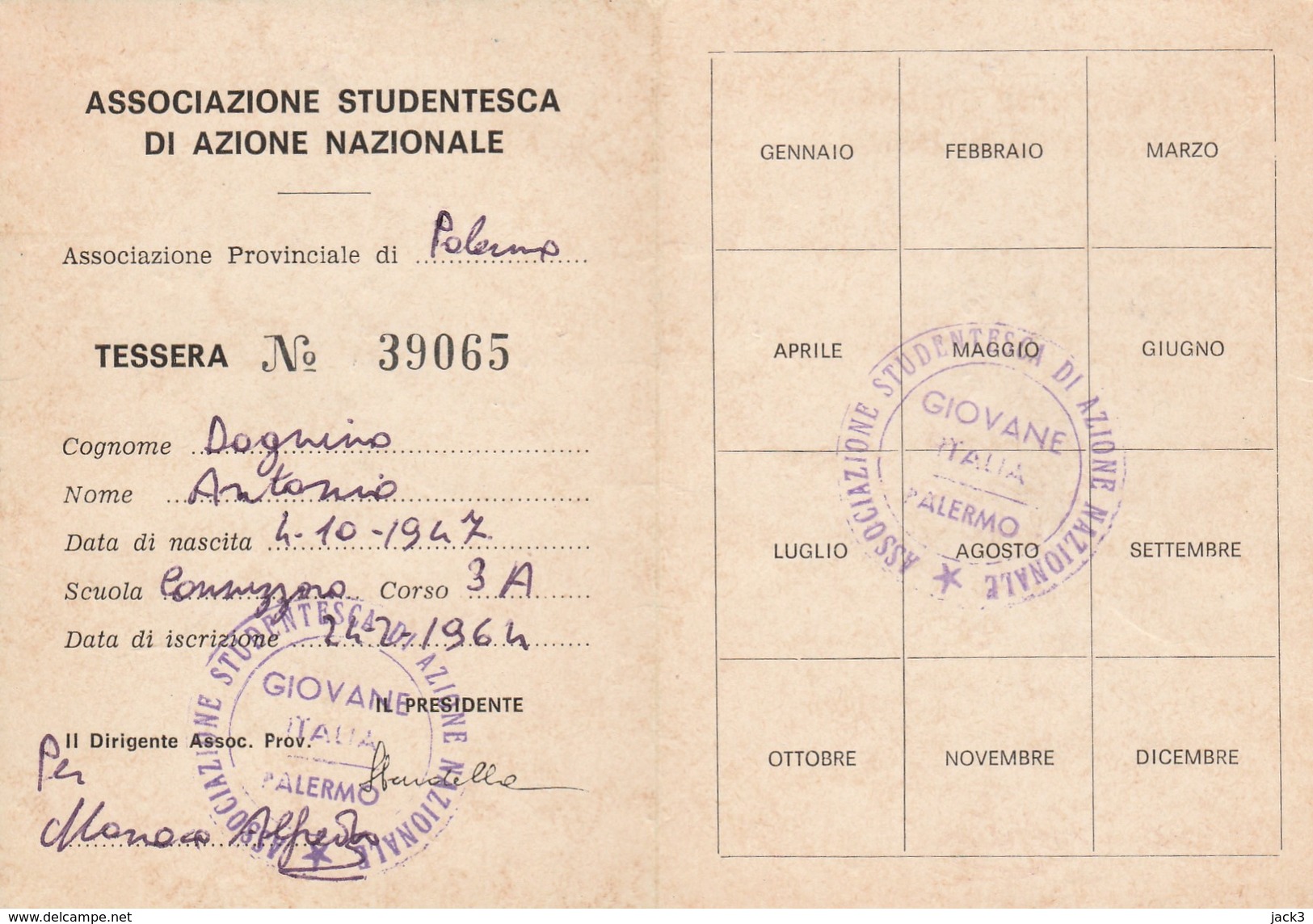 Tessera - Giovane Italia - Associazione Studentesca Di Azione Nazionale - Documenti Storici