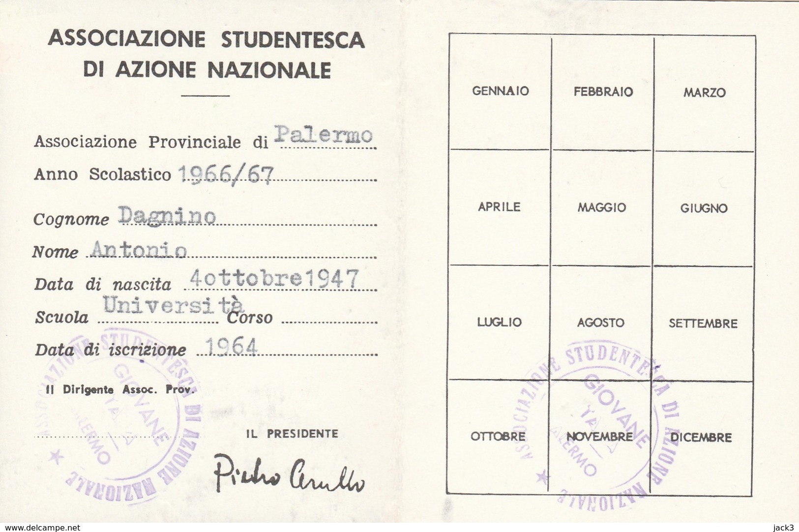 Tessera - Giovane Italia - Associazione Studentesca Di Azione Nazionale - Documenti Storici