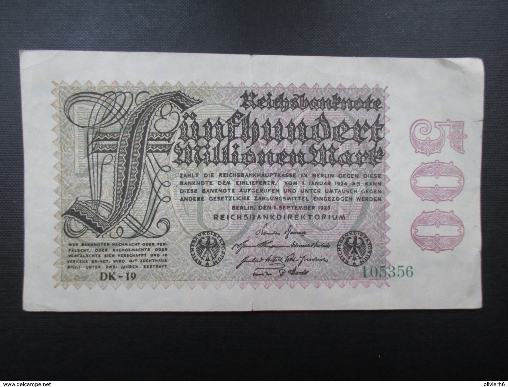 BILLET REICHSBANKNOTE (V1719) 500 FUNFHUNDERT MARK (2 Vues) BERLIN 01/09/1923 - 500 Mark